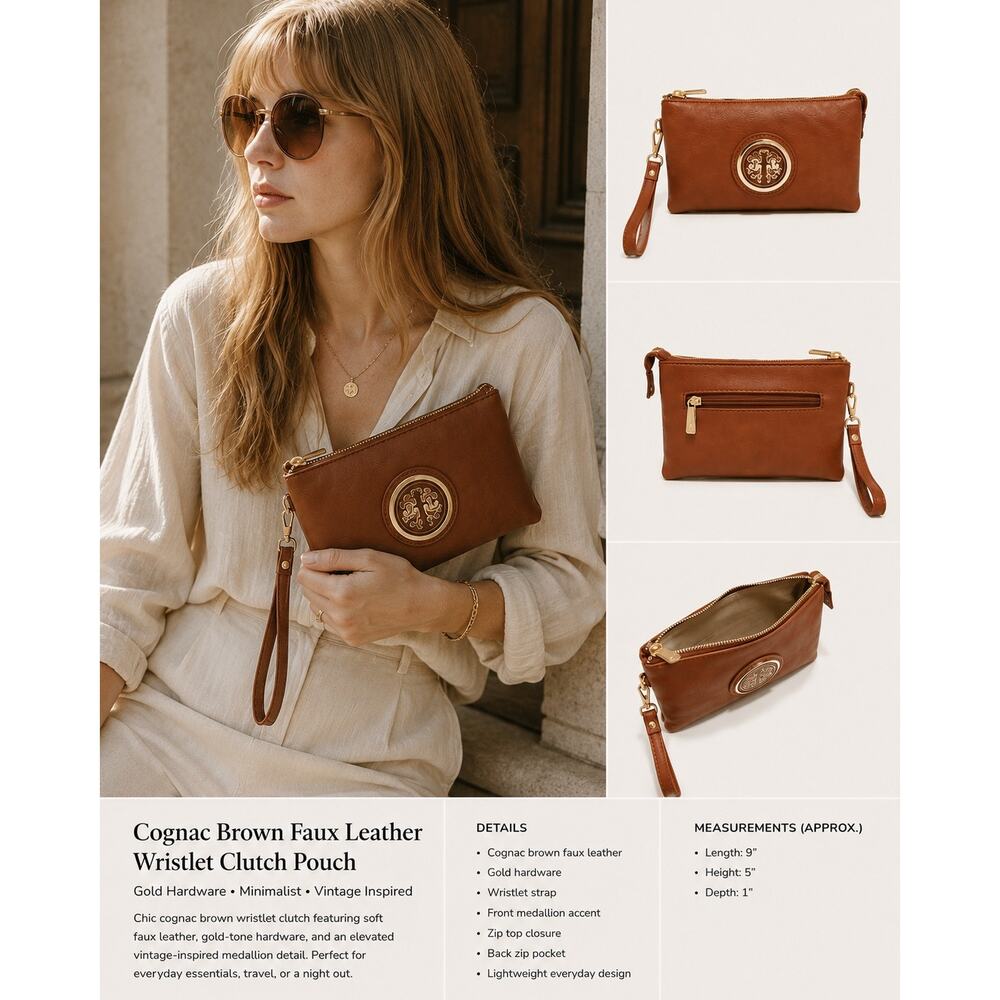 Mia K Farrow Collection Cognac Brown Wristlet Clutch Gold Hardwa